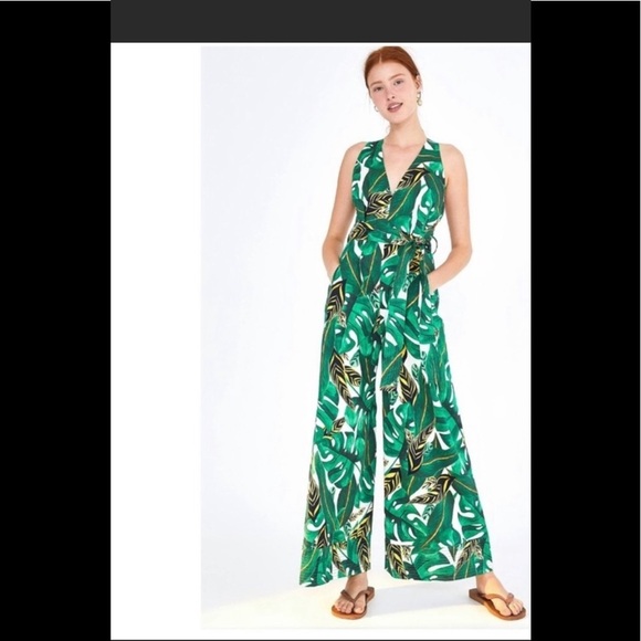 New! FARM RIO XS Green multi tropical palm leaf print wide leg halter jumpsuit - Picture 2 of 12